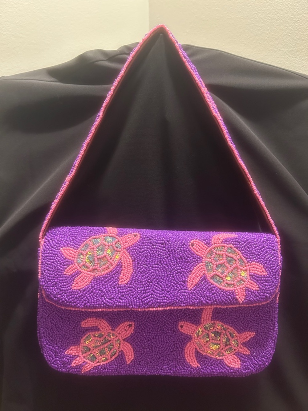 Beaded Purple Turtle Shoulder Bag - Pink Accents